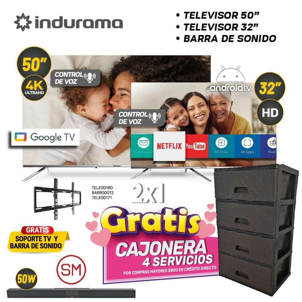 MEGA COMBO 4: TELEVISOR INDURAMA 50" + 32" + BARRA DE SONIDO