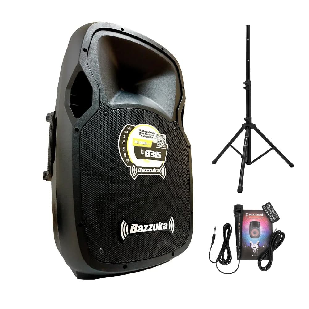 Caja amplificada bazzuka bzkb315n/70000w/fm/usb/tarjeta sd/bluetooth/micrófo alambrico/pedestal