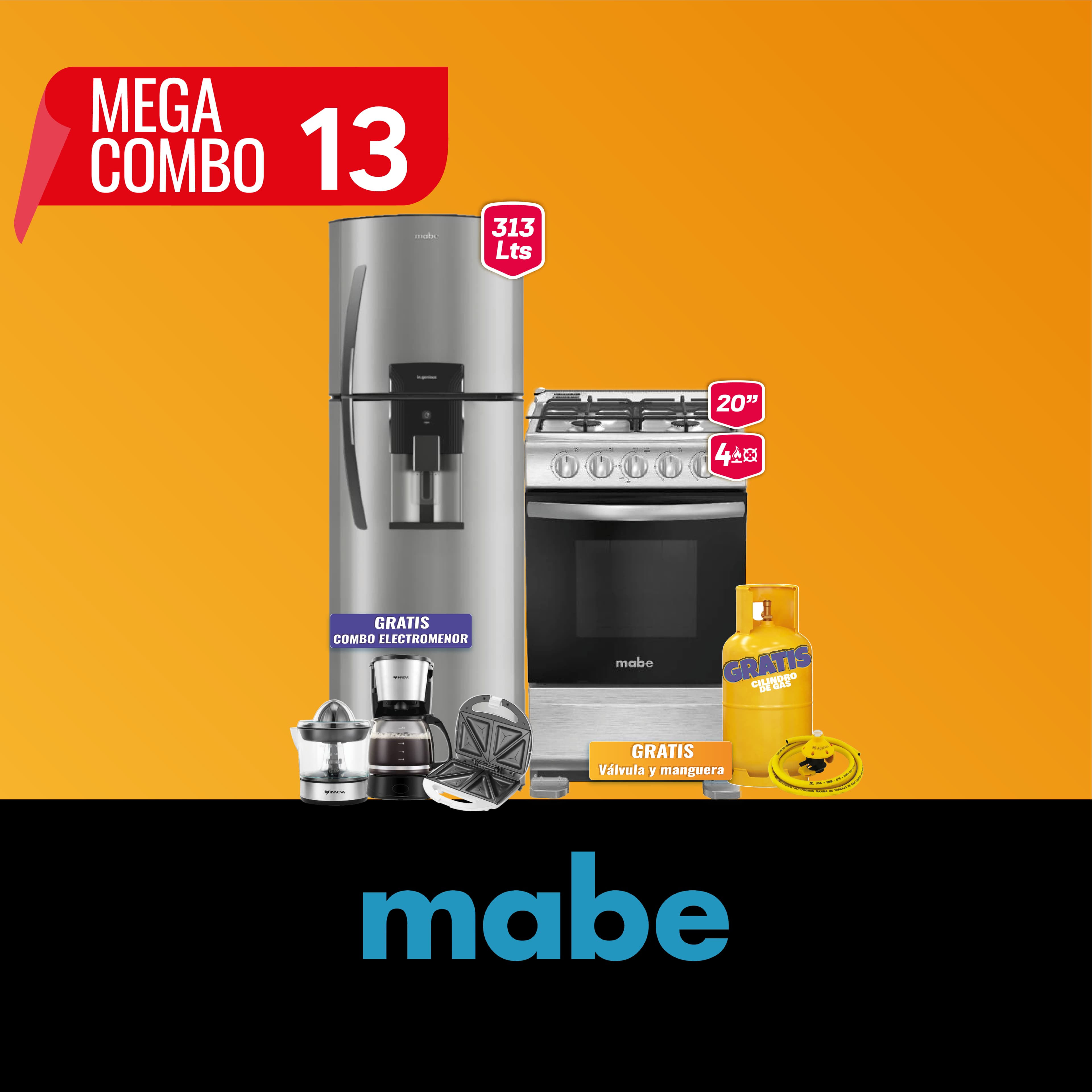 MEGA  COMBO 13: COCINA + REFRIGERADORA MABE