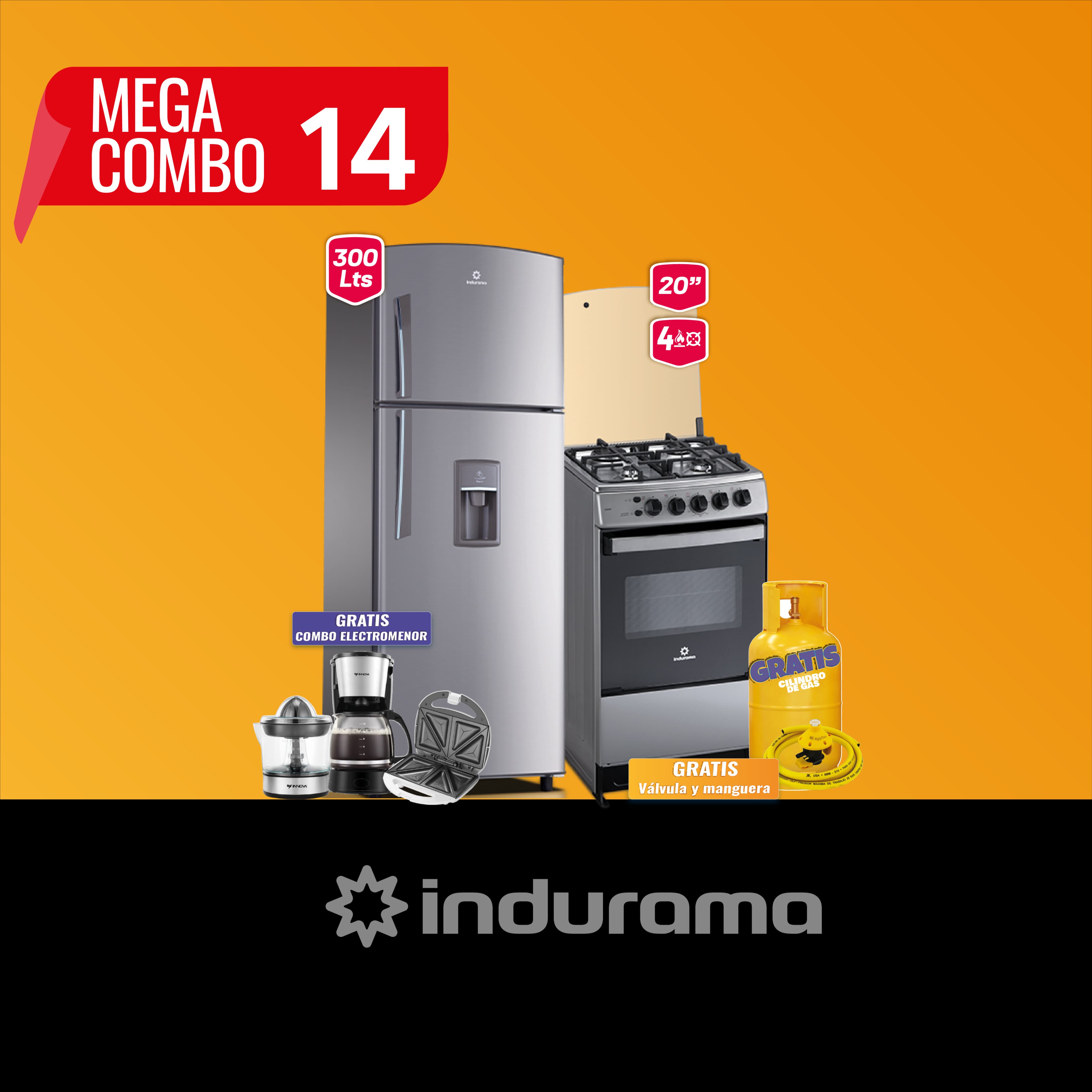 MEGA  COMBO 14: COCINA + REFRIGERADORA INDURAMA