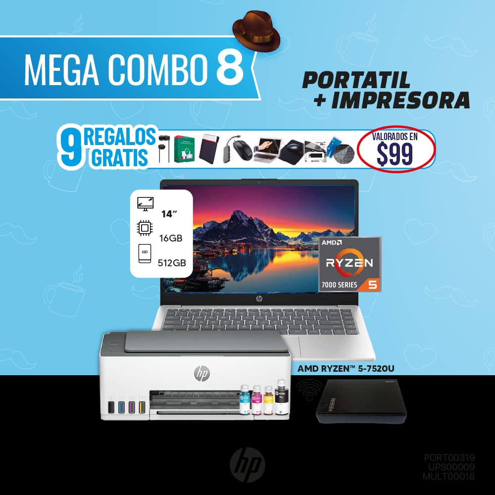 MEGA COMBO 8 : PORTATIL HP+MULTIFUNCION HP WIFI
