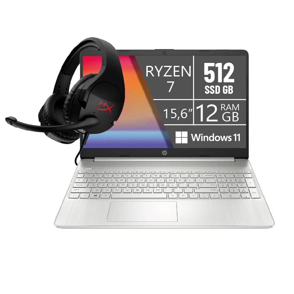 PORTATIL HP 15EF2526LA/AMD RYZEN 7-5700U/12GB/SSD 512GB/15.6 PULG/W11/PLATA/MAS HEADSET HYPERX