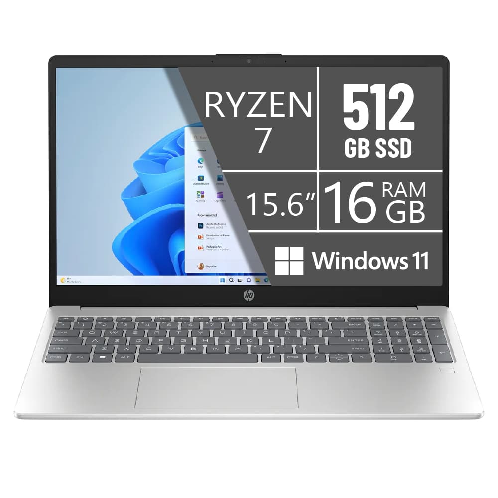 PORTATIL HP 15FC0026LA/AMD RYZEN 7-7730U/16GB/SS 512GB/15.6 PULG/W11/MOCHILA/HEADSET G2/MOUSE/PLATA