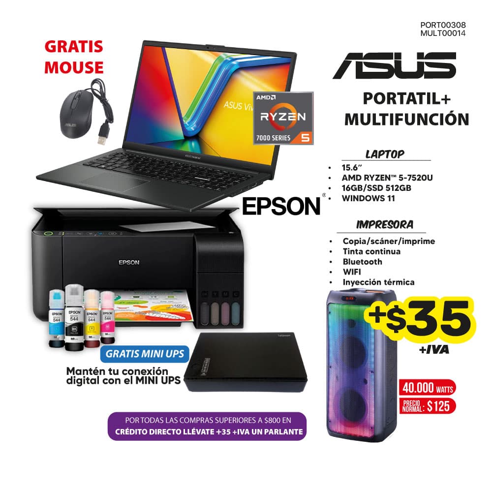 MEGA COMBO 7: PORTATIL ASUS + MULTIFUNCION EPSON WIFI