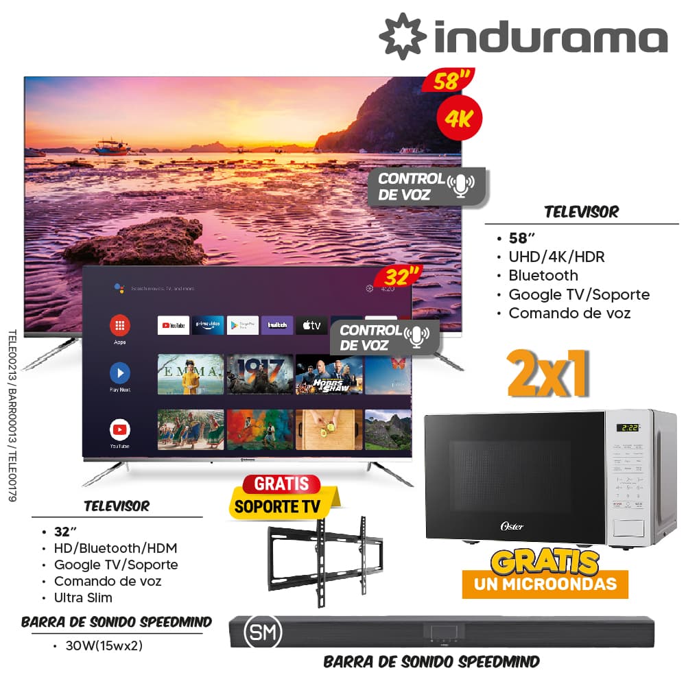 MEGA COMBO 3: TELEVISOR INDURAMA 58"+32"+ BARRA SONIDO