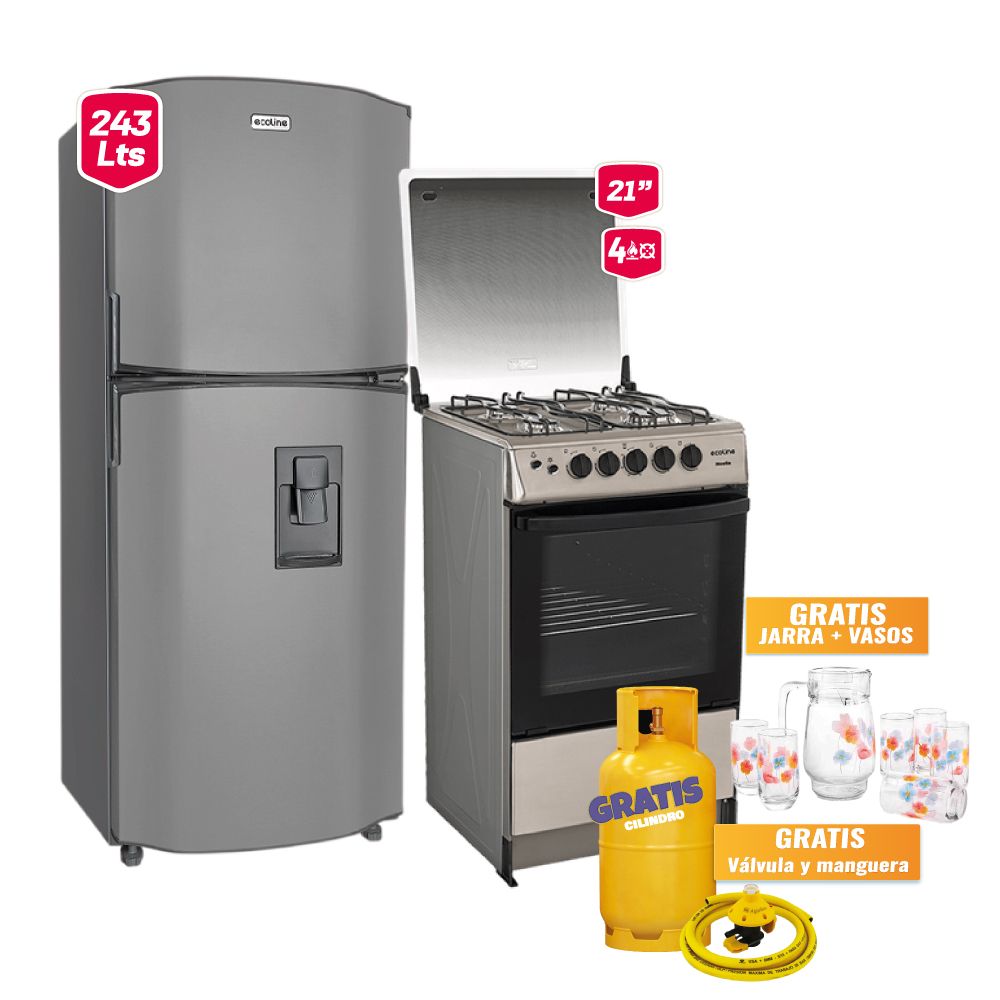 Ecoline Mega Combo 10 Refrigeradora 243L + Cocina Noelia 21” 4Q