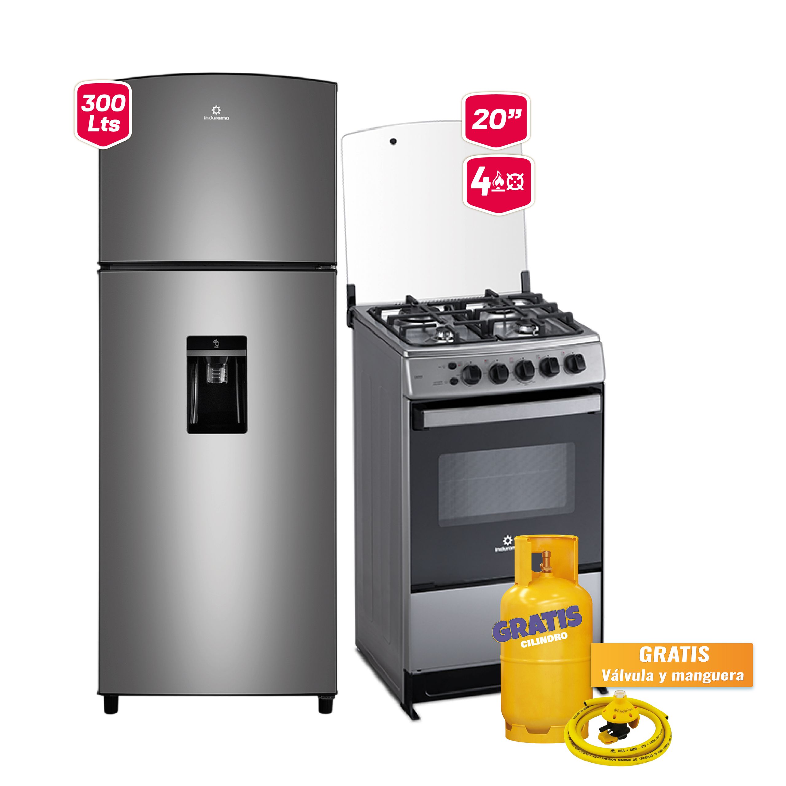 Indurama Mega Combo 12 Refrigeradora RI-405 300L + Cocina Cádiz Spazio Plus 20” 4Q