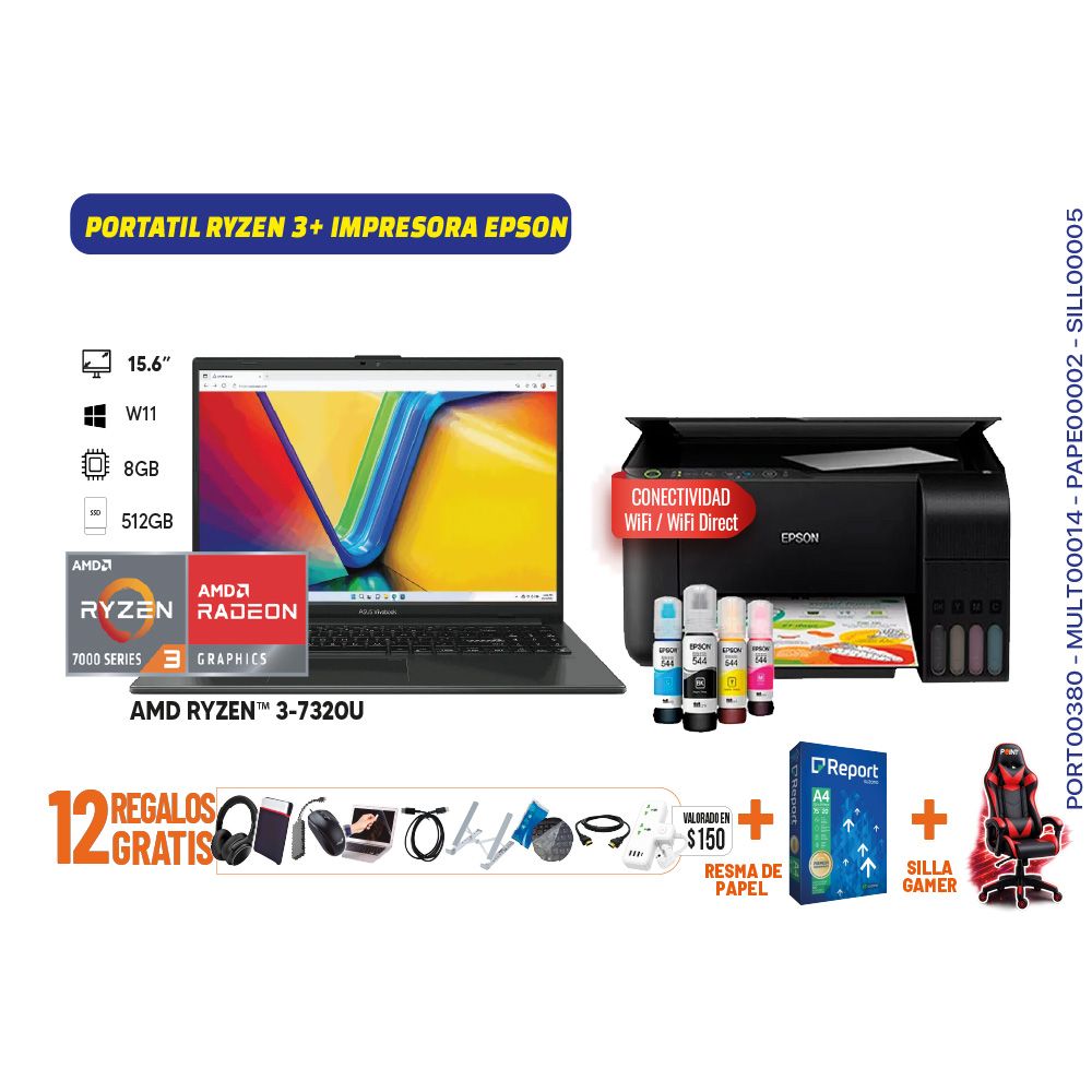 ASUS Mega Combo 5 Laptop Ryzen 3 + Impresora Epson