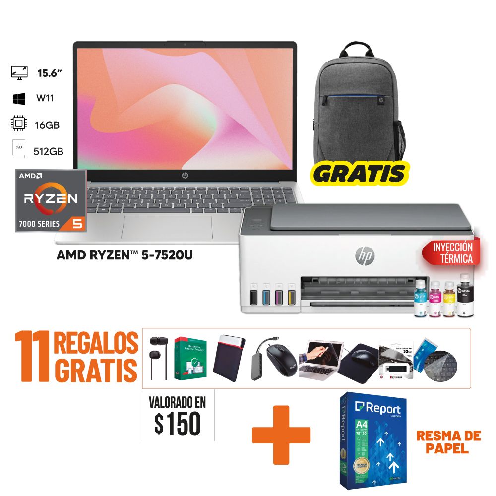 HP Mega Combo 3 Laptop Ryzen 5 + Impresora Smart Tank 580